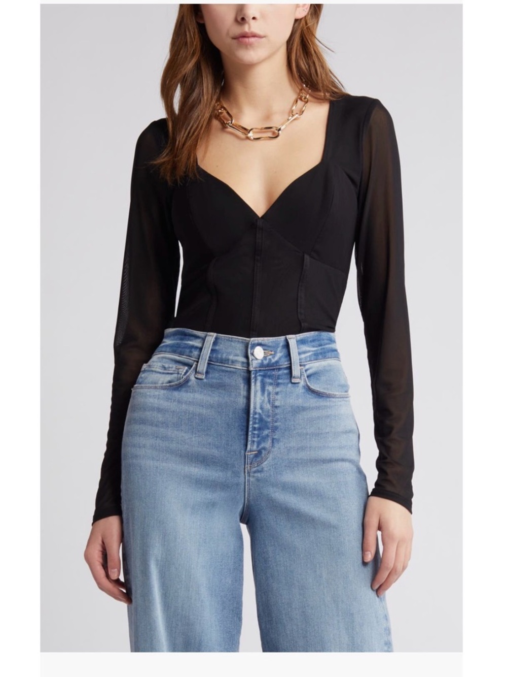 Black Long-Sleeve Sweetheart Bodysuit with Sheer Sleeves